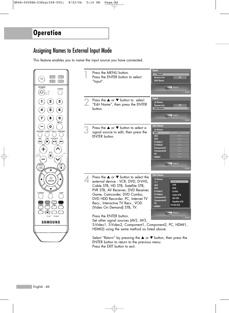 Assigning names to external input mode, Operation | Samsung HL-S5087W User Manual | Page 46 / 132