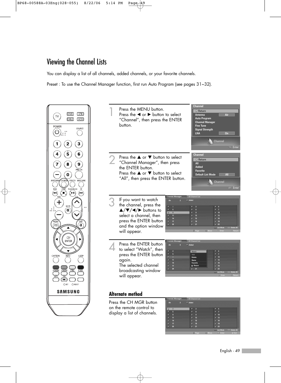 Viewing the channel lists, Alternate method, English - 49 | Samsung HL-S5087W User Manual | Page 49 / 132