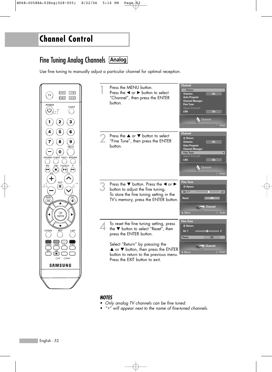 Fine tuning analog channels-analog, Channel control, Fine tuning analog channels | Analog | Samsung HL-S5087W User Manual | Page 52 / 132