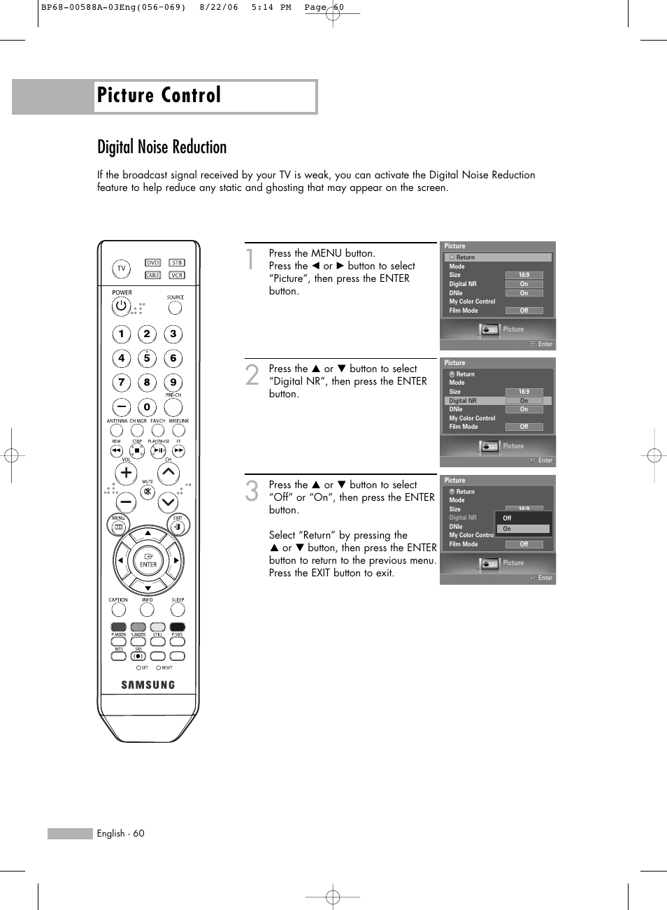 Digital noise reduction, Picture control | Samsung HL-S5087W User Manual | Page 60 / 132