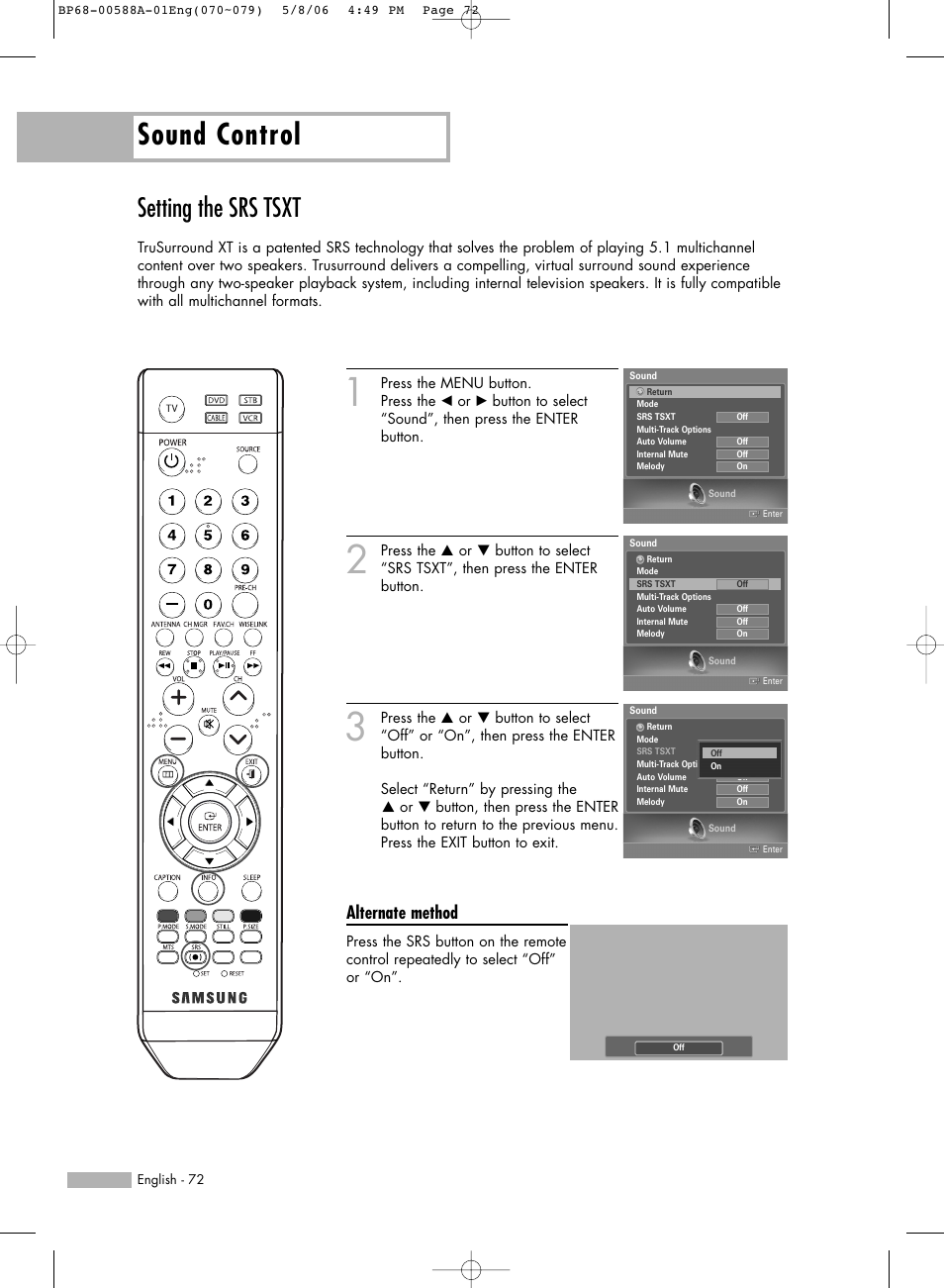 Setting the srs tsxt, Sound control, Alternate method | Samsung HL-S5087W User Manual | Page 72 / 132