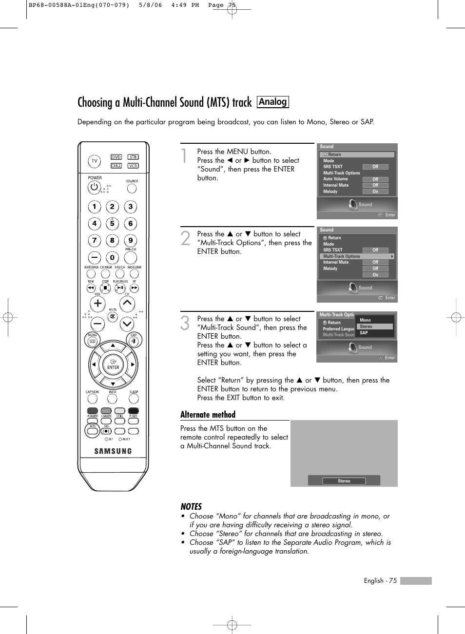 Choosing a multi-channel sound (mts) track-analog, Choosing a multi-channel sound (mts) track, Analog | Alternate method | Samsung HL-S5087W User Manual | Page 75 / 132