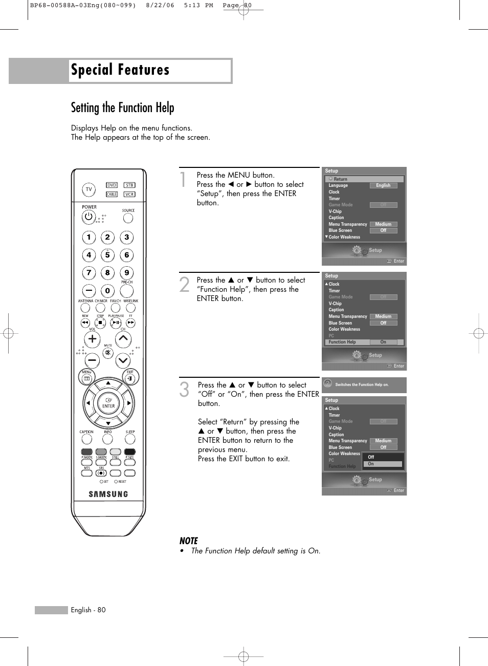 Special features, Setting the function help | Samsung HL-S5087W User Manual | Page 80 / 132