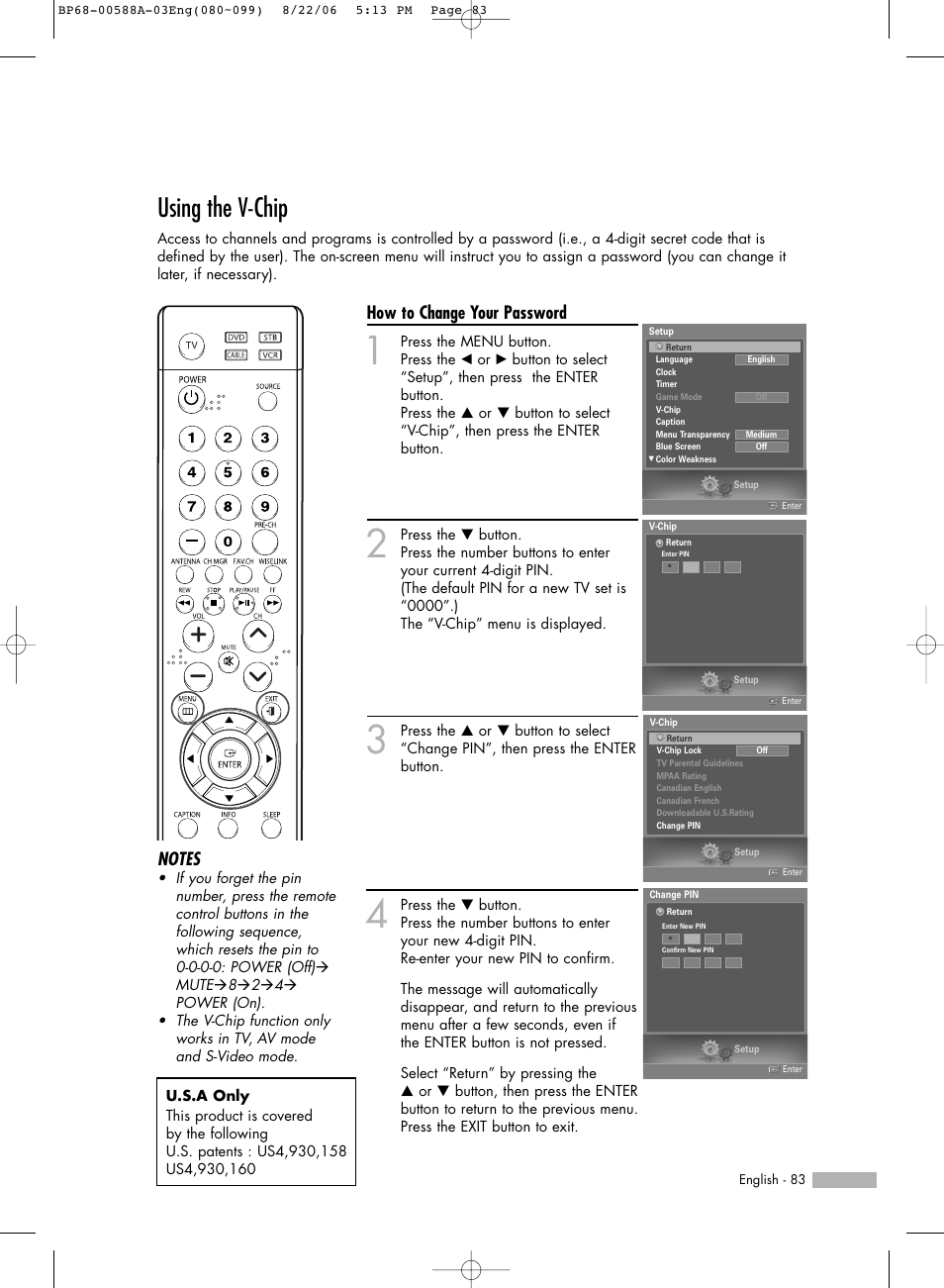 Using the v-chip, How to change your password | Samsung HL-S5087W User Manual | Page 83 / 132