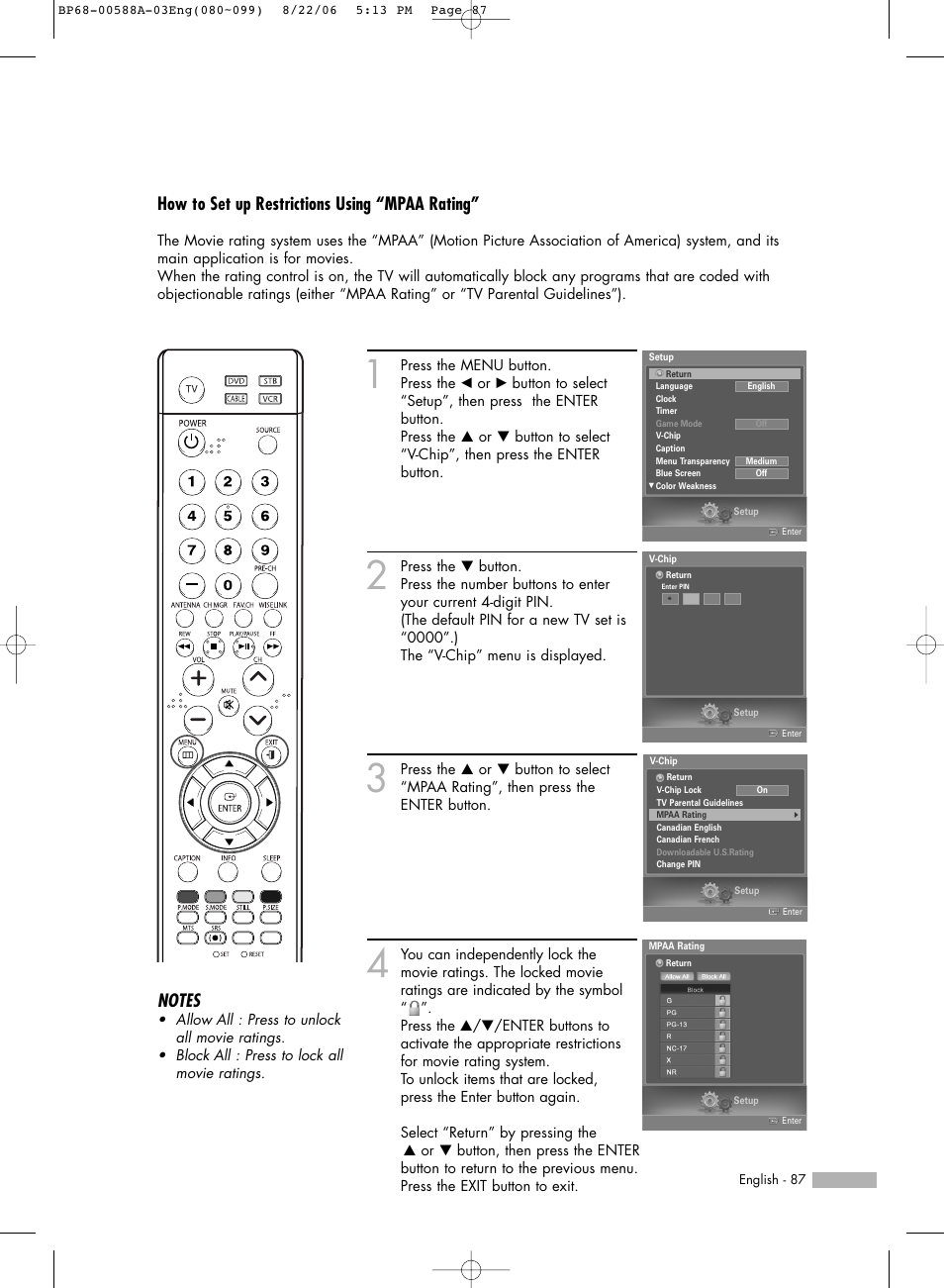 How to set up restrictions using “mpaa rating | Samsung HL-S5087W User Manual | Page 87 / 132