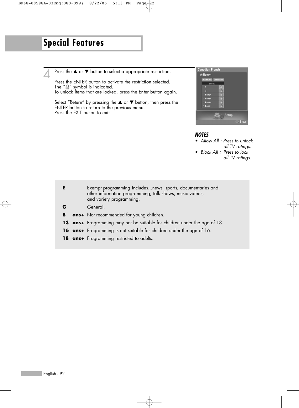 Special features | Samsung HL-S5087W User Manual | Page 92 / 132