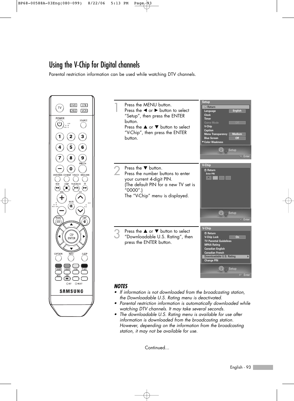 Using the v-chip for digital channels | Samsung HL-S5087W User Manual | Page 93 / 132
