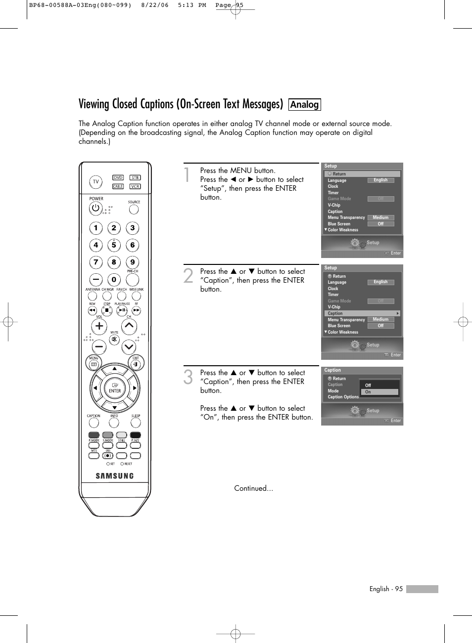 Viewing closed captions (on-screen text messages), Analog | Samsung HL-S5087W User Manual | Page 95 / 132