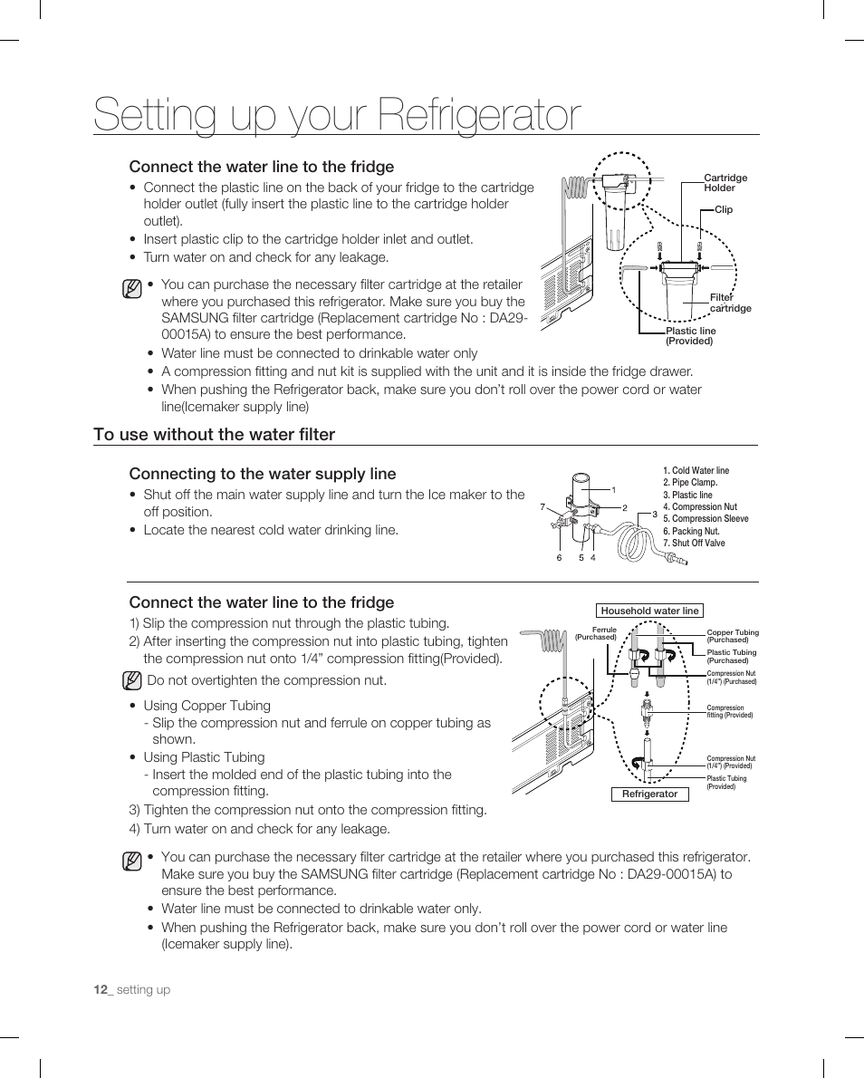 To use without the water filter, Setting up your refrigerator, Connect the water line to the fridge | Connecting to the water supply line | Samsung RB215AB User Manual | Page 12 / 32