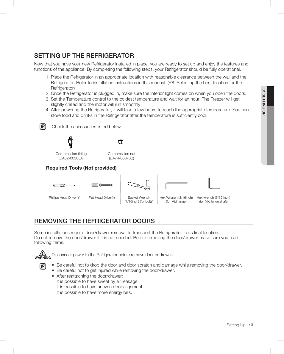 Setting up the refrigerator, Removing the refrigerator doors | Samsung RB215AB User Manual | Page 13 / 32