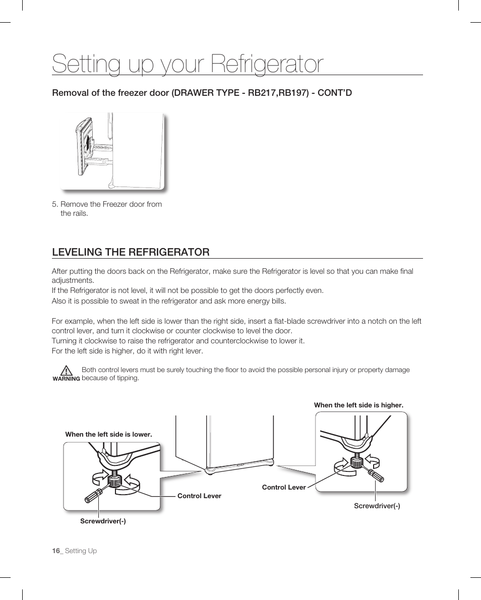 Leveling the refrigerator, Setting up your refrigerator | Samsung RB215AB User Manual | Page 16 / 32