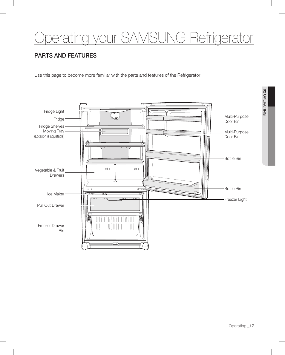 Operating your samsung refrigerator, Parts and features | Samsung RB215AB User Manual | Page 17 / 32