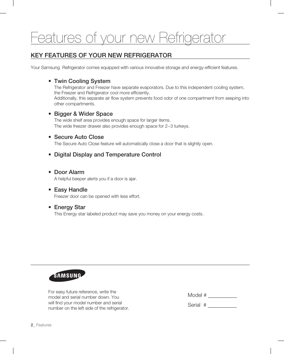 Features of your new refrigerator | Samsung RB215AB User Manual | Page 2 / 32