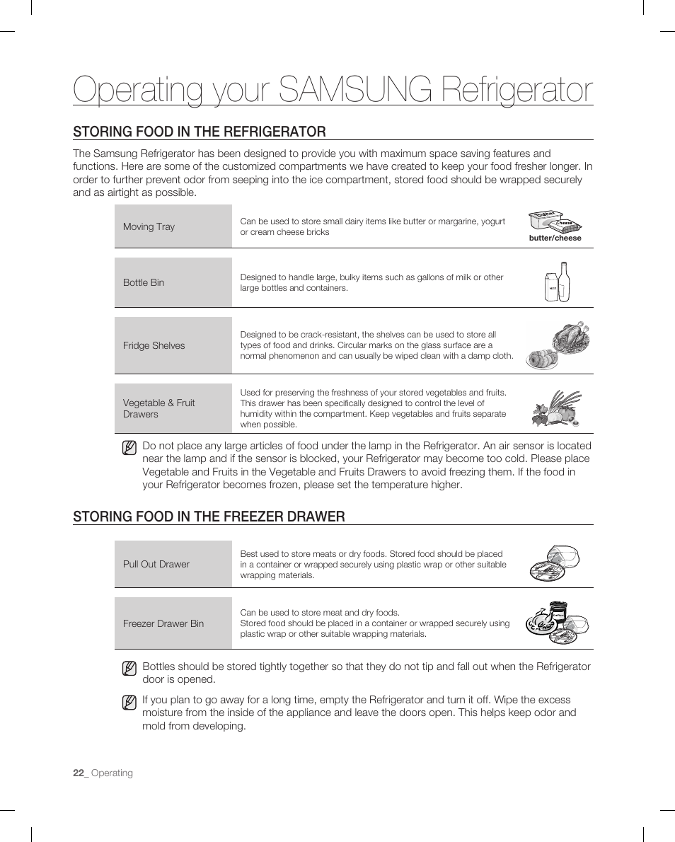 Storing food in the refrigerator, Storing food in the frezer drawer, Operating your samsung refrigerator | Samsung RB215AB User Manual | Page 22 / 32