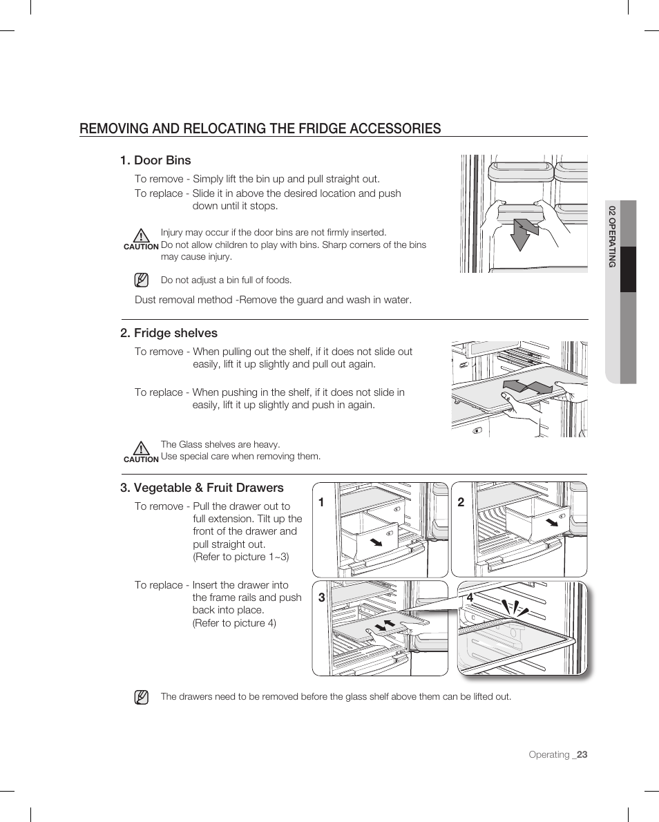 Removing and relocating the fridge acessories, Removing and relocating the fridge accessories | Samsung RB215AB User Manual | Page 23 / 32