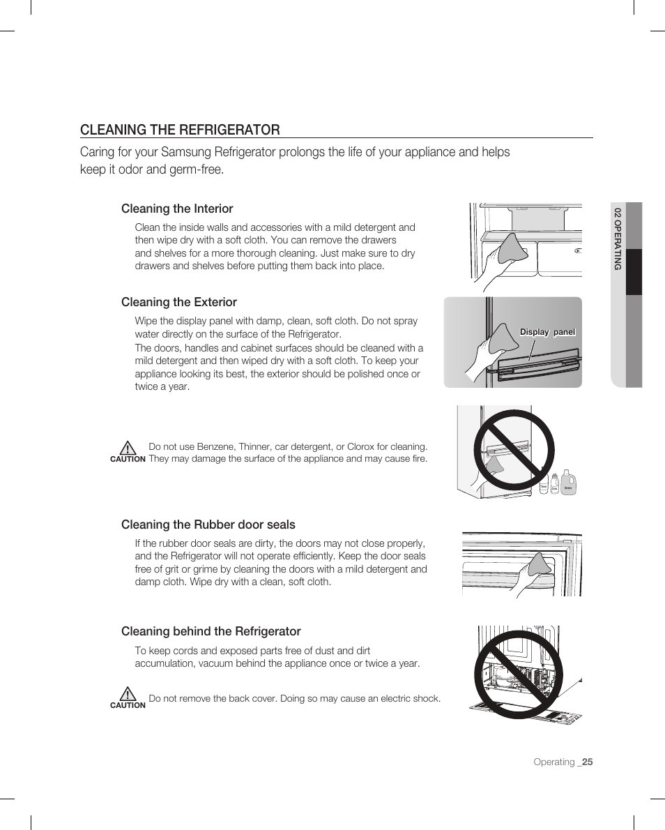 Cleaning the refrigerator, Cleaning the interior, Cleaning the rubber door seals | Cleaning behind the refrigerator, Cleaning the exterior | Samsung RB215AB User Manual | Page 25 / 32