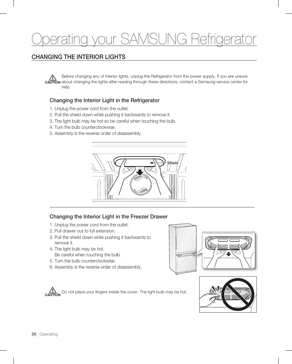 Changing the interior lights, Operating your samsung refrigerator | Samsung RB215AB User Manual | Page 26 / 32