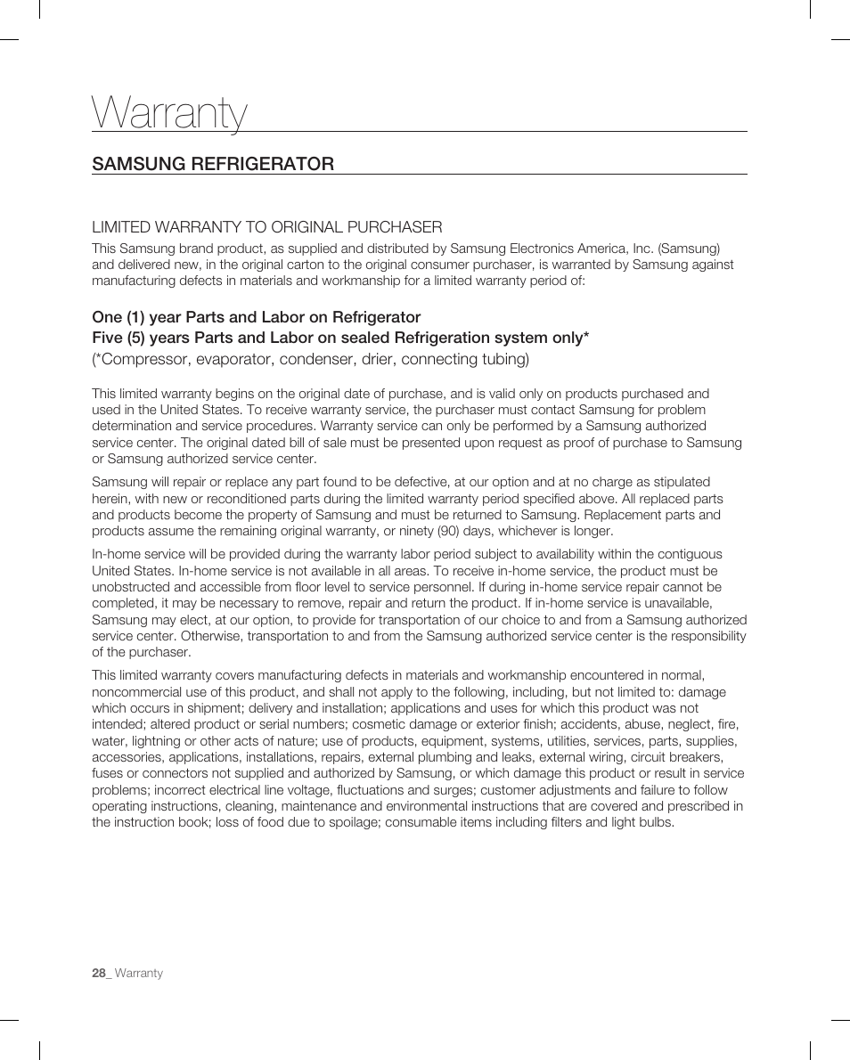 Warranty, Samsung refrigerator | Samsung RB215AB User Manual | Page 28 / 32