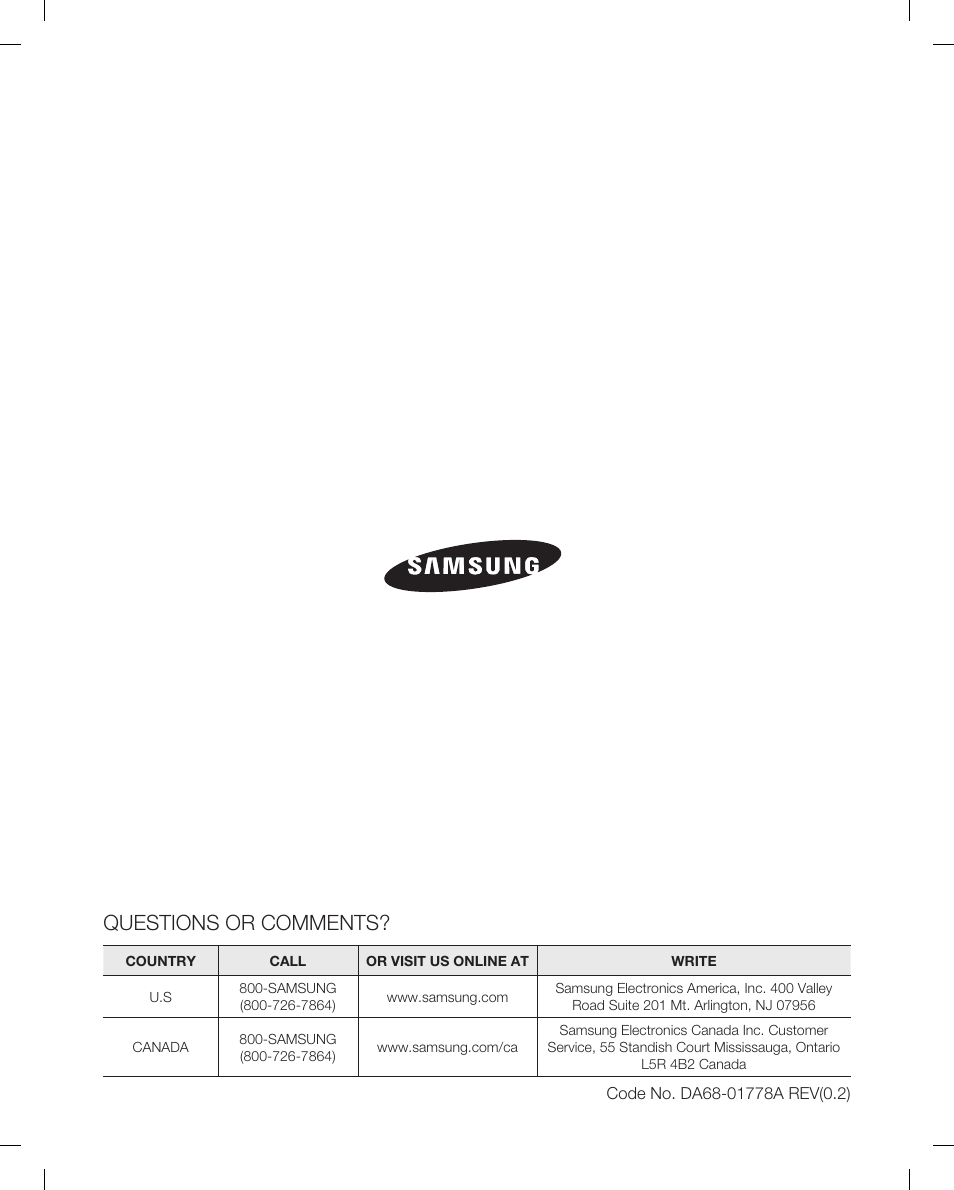 Questions or comments | Samsung RB215AB User Manual | Page 32 / 32