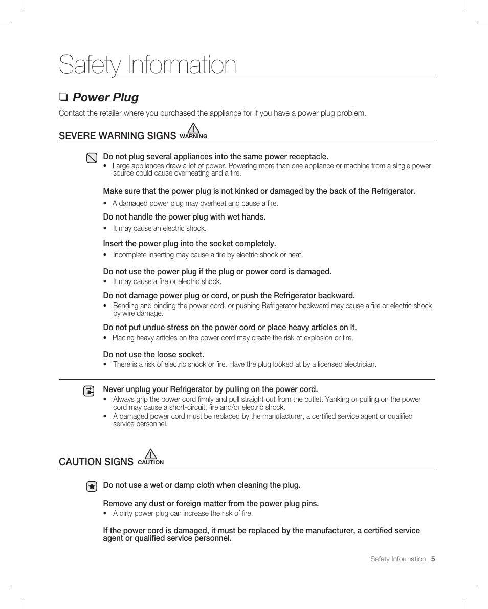 Power plug, Severe warning signs warning, Caution signs caution | Safety information, Severe warning signs, Caution signs | Samsung RB215AB User Manual | Page 5 / 32