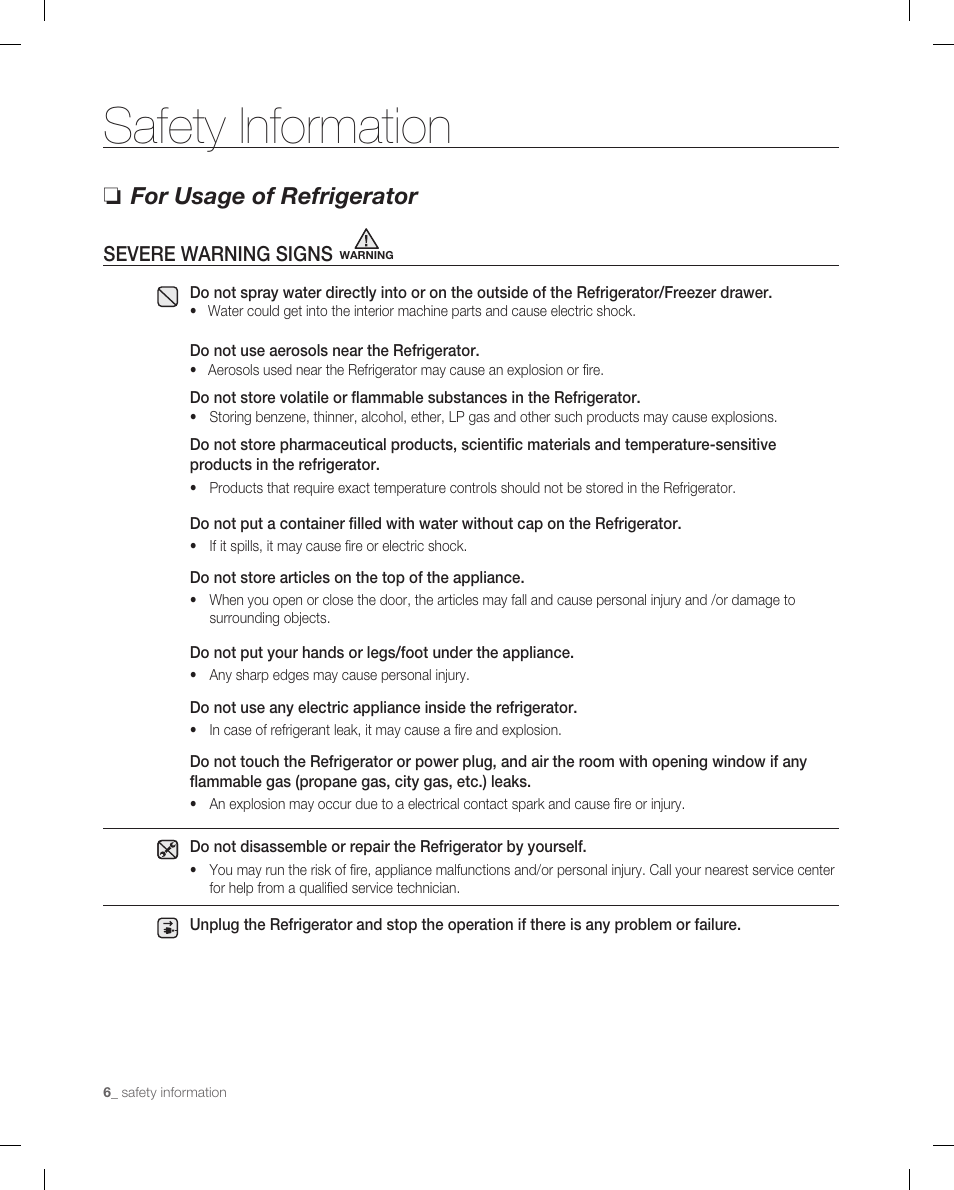 For usage of refrigerator, Severe warning signs warning, Safety information | Samsung RB215AB User Manual | Page 6 / 32