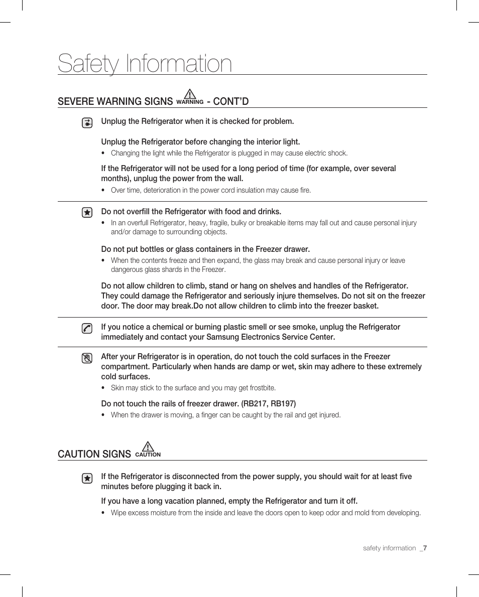 Severe warning signs warning - cont’d, Caution signs caution, Safety information | Samsung RB215AB User Manual | Page 7 / 32