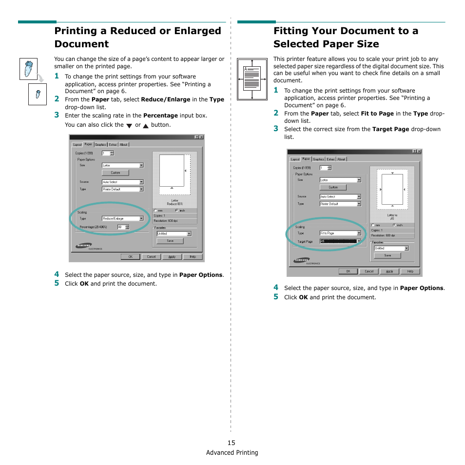 Printing a reduced or enlarged document, Fitting your document to a selected paper size, E “printing a reduced or enlarged document” on | Fitting your document to a selected paper | Samsung ML-2010 Series User Manual | Page 100 / 118
