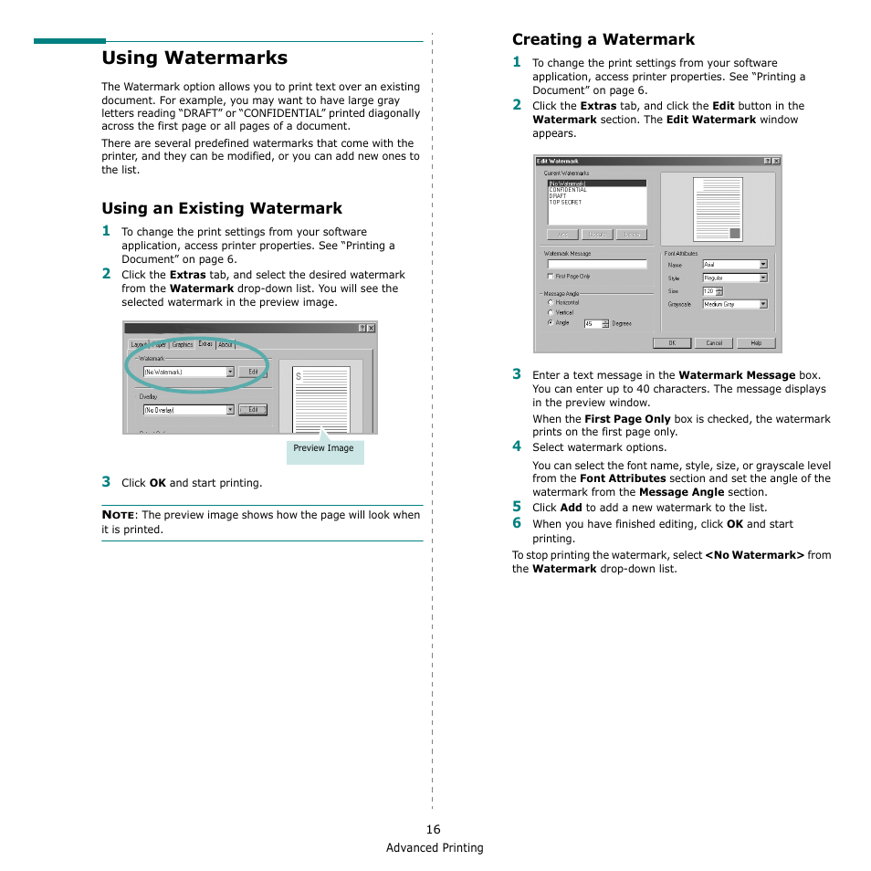 Using watermarks, Using an existing watermark, Creating a watermark | Using an existing watermark creating a watermark | Samsung ML-2010 Series User Manual | Page 101 / 118