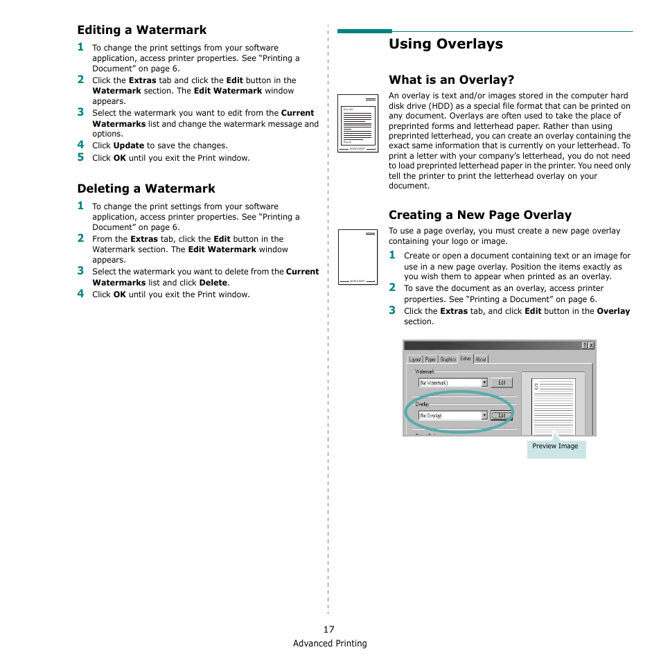 Editing a watermark, Deleting a watermark, Using overlays | What is an overlay, Editing a watermark deleting a watermark, Creating a new page overlay | Samsung ML-2010 Series User Manual | Page 102 / 118