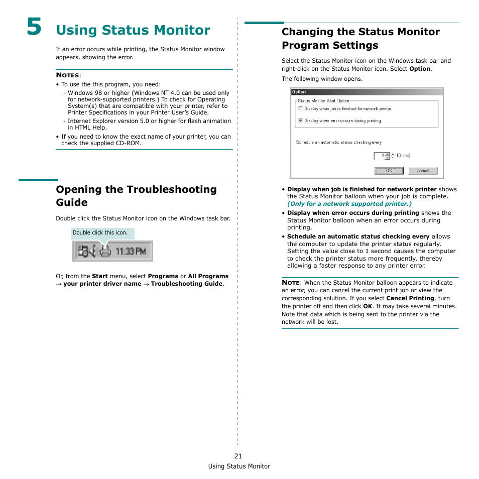 5 using status monitor, Opening the troubleshooting guide, Changing the status monitor program settings | Chapter 5, Sing, Tatus, Onitor, Using status monitor | Samsung ML-2010 Series User Manual | Page 106 / 118