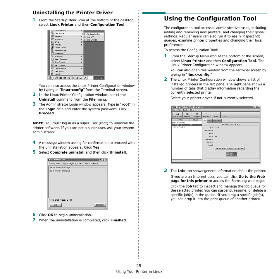 Uninstalling the printer driver, Using the configuration tool | Samsung ML-2010 Series User Manual | Page 110 / 118