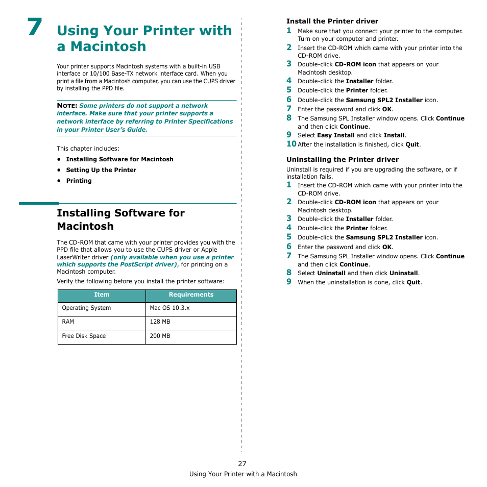 7 using your printer with a macintosh, Installing software for macintosh, Chapter 7 | Sing, Rinter, With, Acintosh, Using your printer with a macintosh | Samsung ML-2010 Series User Manual | Page 112 / 118