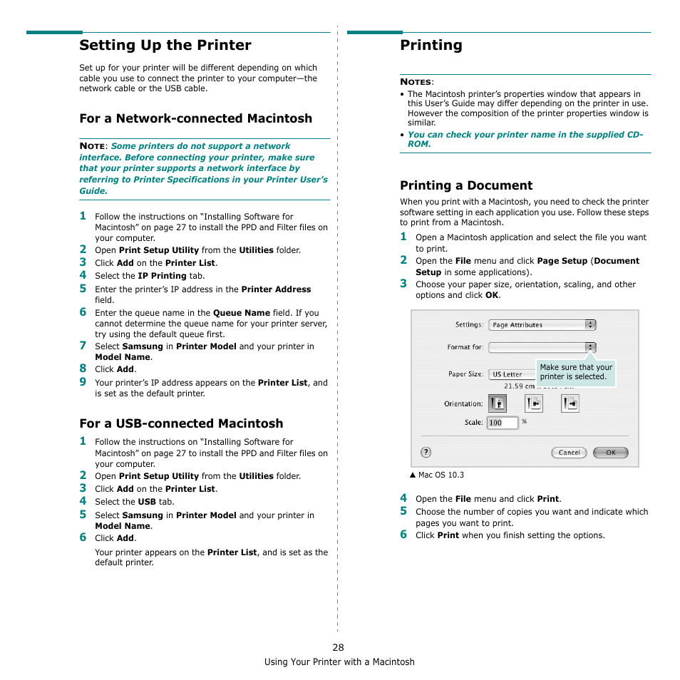Setting up the printer, For a network-connected macintosh, For a usb-connected macintosh | Printing, Printing a document | Samsung ML-2010 Series User Manual | Page 113 / 118