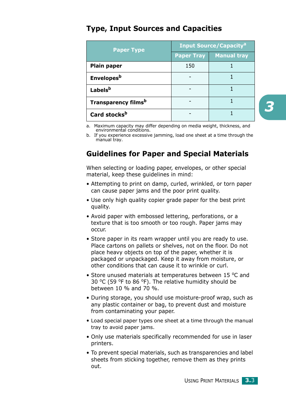 Type, input sources and capacities, Guidelines for paper and special materials | Samsung ML-2010 Series User Manual | Page 36 / 118