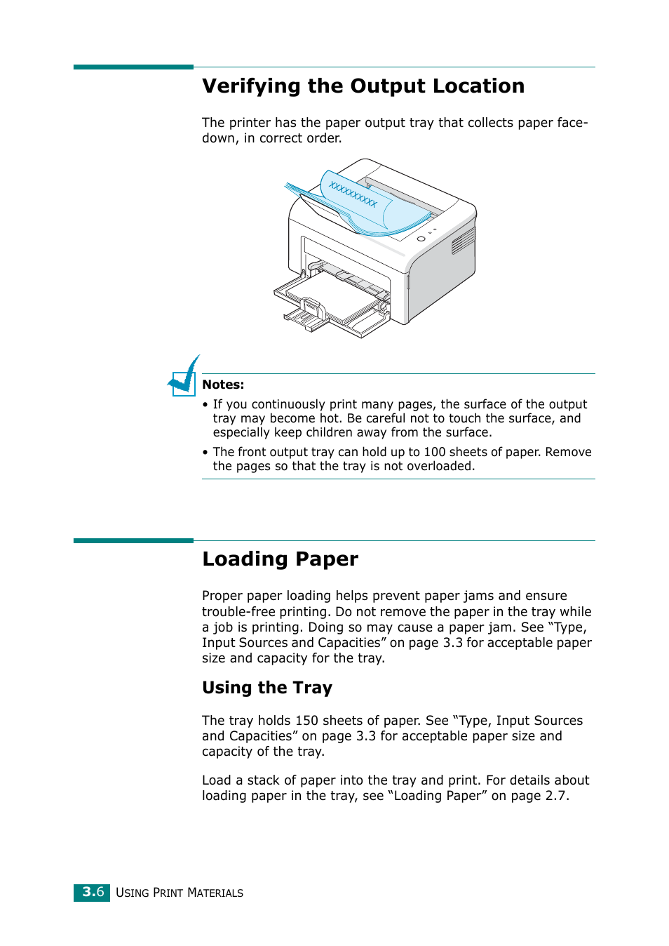 Verifying the output location, Loading paper, Using the tray | Verifying the output location loading paper | Samsung ML-2010 Series User Manual | Page 39 / 118