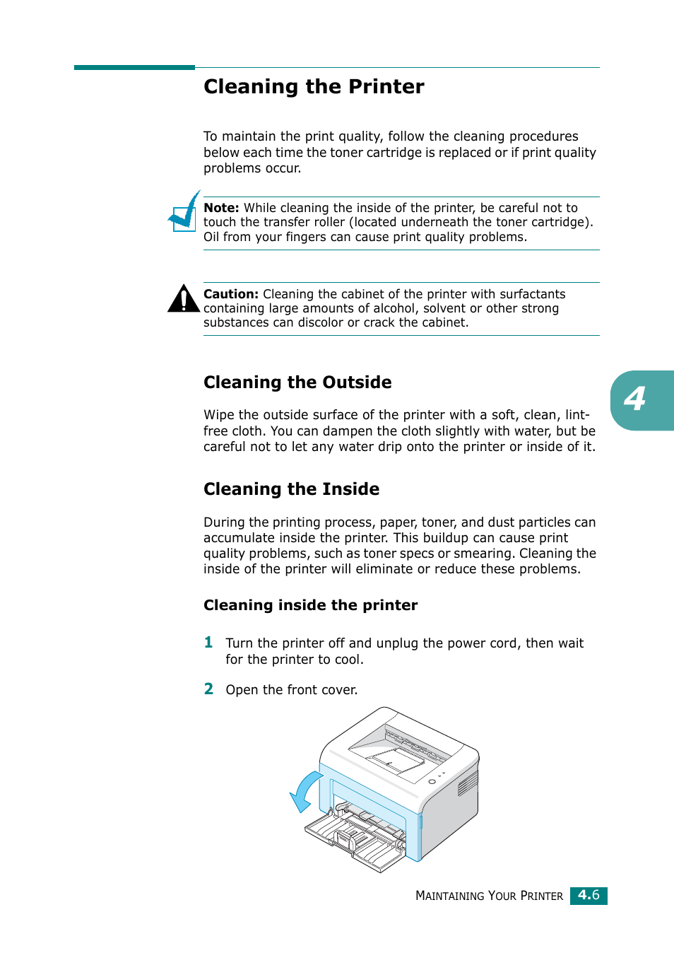 Cleaning the printer, Cleaning the outside, Cleaning the inside | Cleaning the outside cleaning the inside | Samsung ML-2010 Series User Manual | Page 50 / 118