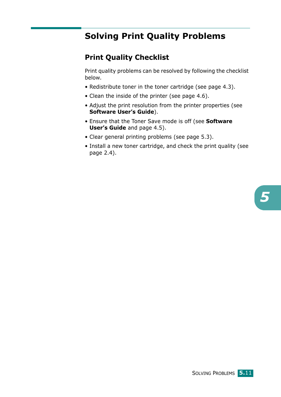 Solving print quality problems, Print quality checklist, To “solving print | Samsung ML-2010 Series User Manual | Page 64 / 118