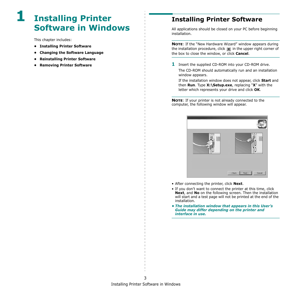 1 installing printer software in windows, Installing printer software, Chapter 1 | Nstalling, Rinter, Oftware, Indows, Installing printer software in windows | Samsung ML-2010 Series User Manual | Page 88 / 118