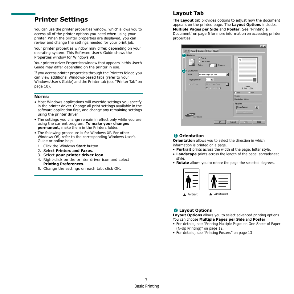 Printer settings, Layout tab | Samsung ML-2010 Series User Manual | Page 92 / 118