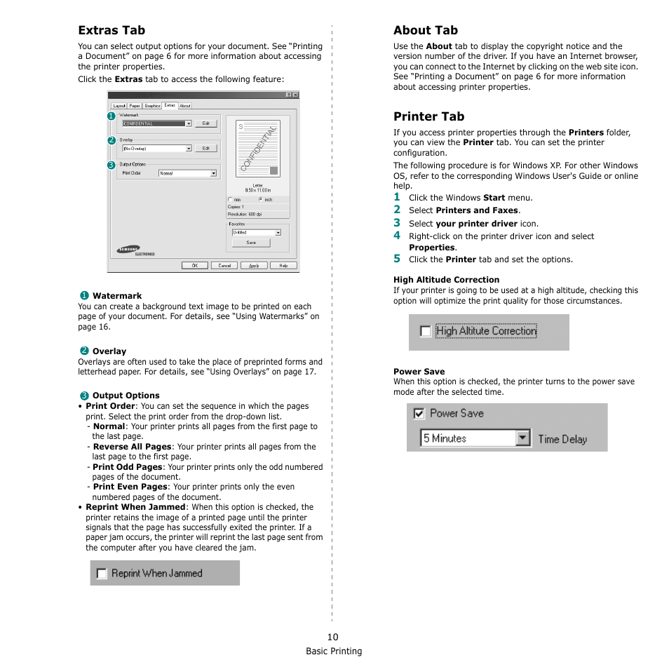 Extras tab, About tab, Printer tab | Extras tab about tab printer tab, Extras tab - about tab - printer tab | Samsung ML-2010 Series User Manual | Page 95 / 118