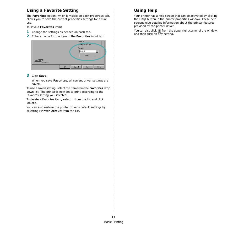 Using a favorite setting, Using help, Using a favorite setting using help | Using a favorite setting - using help | Samsung ML-2010 Series User Manual | Page 96 / 118