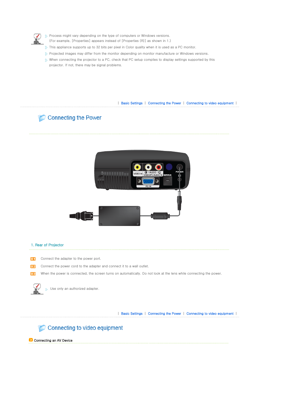 Connecting the power, Connecting to video equipment | Samsung BP59-00092G-03 User Manual | Page 18 / 36