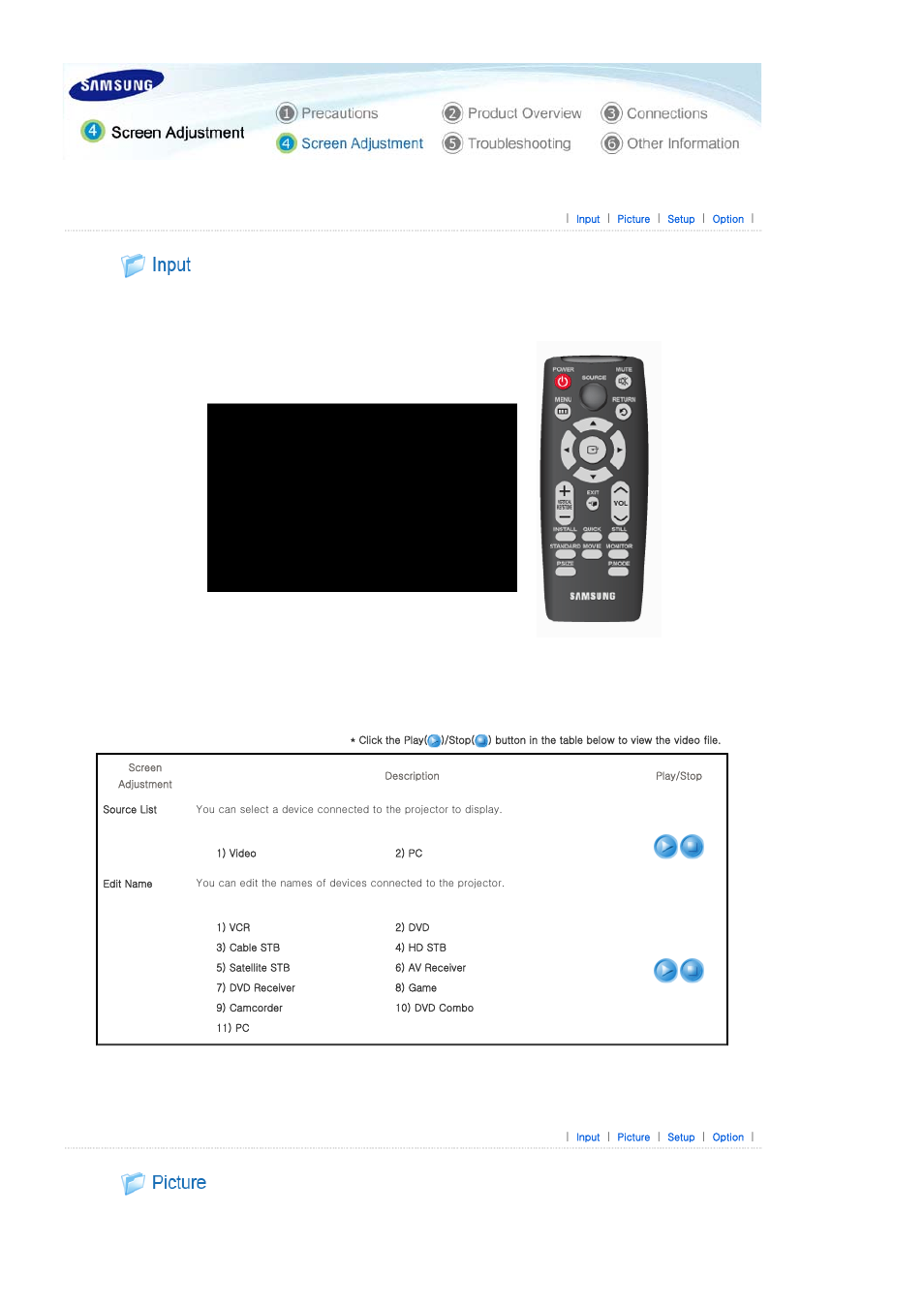 Screen adjustment, Input, Picture | Samsung BP59-00092G-03 User Manual | Page 22 / 36