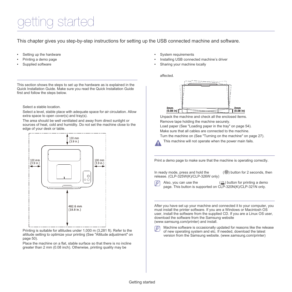 Getting started, Setting up the hardware, Supplied software | Location, Printing a demo, Printing a demo page | Samsung CLP-320 User Manual | Page 28 / 103