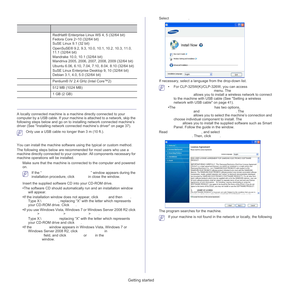 Installing usb connected machine’s driver, Linux, Windows | Samsung CLP-320 User Manual | Page 30 / 103