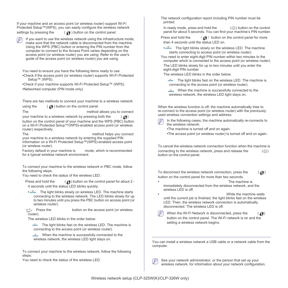 Setting a wireless network from the computer, Setting a wireless network with the wps button, Setting a wireless network | Setting a wireless network with usb cable, E "setting a wireless network with the wps button, E (see "setting a, Setting a wireless network with the wps button" on, Setting a wireless network with | Samsung CLP-320 User Manual | Page 41 / 103