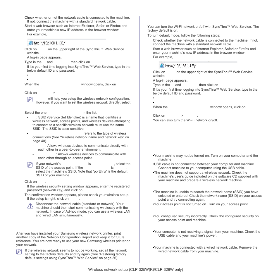 Completing the installation, Turning the wi-fi network on/off, Troubleshooting | And installing the machine driver | Samsung CLP-320 User Manual | Page 48 / 103