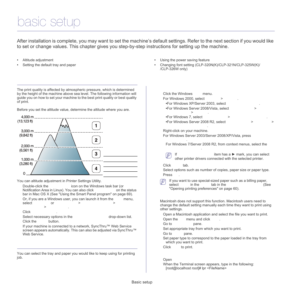 Basic setup, Altitude adjustment, Setting the default tray and paper | From your computer, Altitude adjustment" on | Samsung CLP-320 User Manual | Page 50 / 103