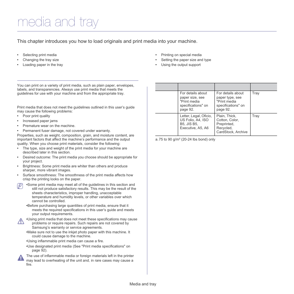 Media and tray, Selecting print media, Guidelines for selecting the print media | Media sizes supported in each mode | Samsung CLP-320 User Manual | Page 52 / 103