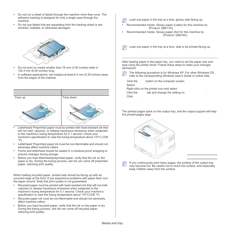 Setting the paper size and type, Using the output support, Card stock/custom-sized paper | Letterhead/preprinted paper, Recycled paper, Glossy photo, Matte photo, Tray ("setting the paper size and | Samsung CLP-320 User Manual | Page 58 / 103